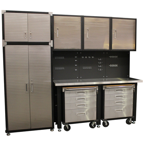 MAXIM 10 Piece Garage Storage System+ Mounting Kit - Stainless Workbench, Upright Cabinet & 4 Drawer Roll Cabinets 