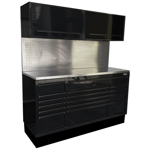 MAXIM 72” Black Workstation with 16 Drawers, Peg board, 2 x Cabinets - Heavy Duty Stationary Work Area with Massive Tool Storage 
