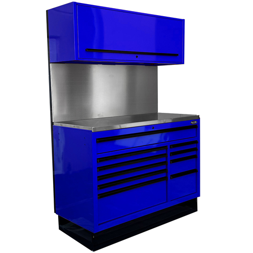 MAXIM 54” Blue Workstation with 10 Drawers, Splashback, Top Cabinet - Heavy Duty Stationary Work Area with Massive Tool Storage